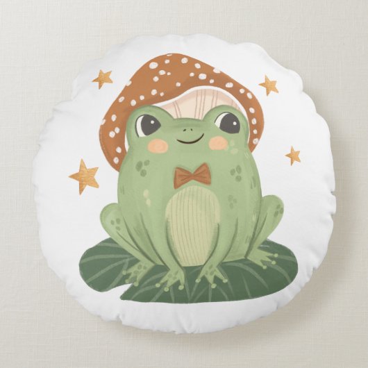 キノコ帽子付きカエルベビー室円枕 ラウンドクッション (正面)