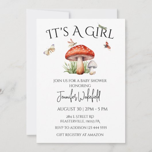キノコ昆虫森林森林赤ちゃんシャワーガール 招待状 (正面)