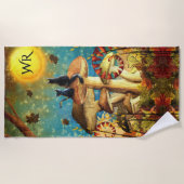 キノコ猫モノグラム ビーチタオル (正面)