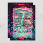 キノコ白熱［赤熱］光を放つの森プリント誕生日パーティー 招待状 (正面/裏面)