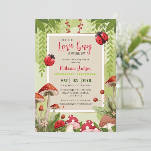 キノコ私たちの小さな愛のバグ女の子の赤ちゃんシャワー 招待状 (スタンド正面)