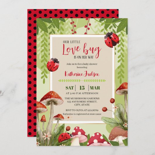 キノコ私たちの小さな愛のバグ女の子の赤ちゃんシャワー 招待状 (正面/裏面)