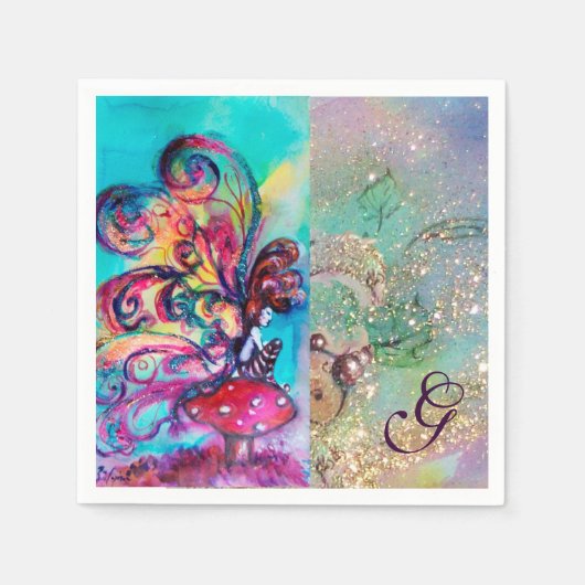 キノコ類モノグラムの小小妖精や小人 スタンダードカクテルナプキン (正面)