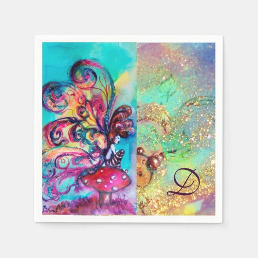 キノコ類モノグラムの小小妖精や小人 スタンダードカクテルナプキン (正面)