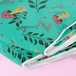 キノコ類、緑色及び花柄名前をカスタムする フリースブランケット