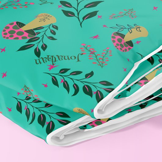 キノコ類、緑色及び花柄名前をカスタムする フリースブランケット