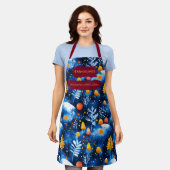 キノコ類、離れ類、雪の青いクリスマス エプロン (着用した状態)