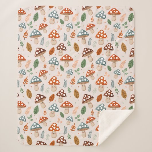 キノコ，秋の葉，自然パッテン シェルパブランケット (正面)