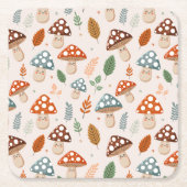 キノコ,秋の葉,自然パッテン スクエアペーパーコースター (正面)