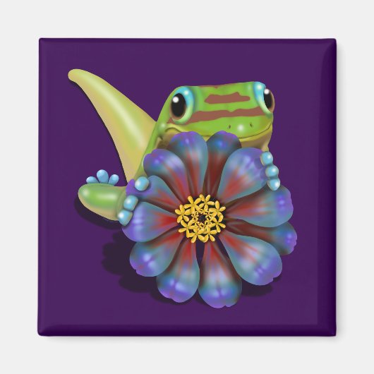 キバラガエルと百日草の花 マグネット (正面)
