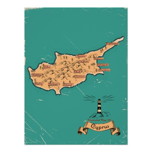 キプロスのイラスト旅行地図 ポスター (正面)