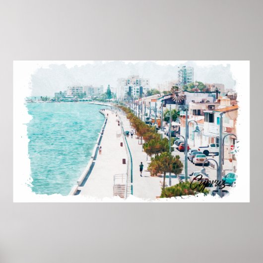 キプロスウォーターカラービーチヴィンテージトラベル ポスター (正面)