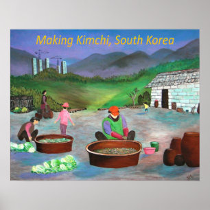 キムチを作る韓国の家庭김치 ポスター