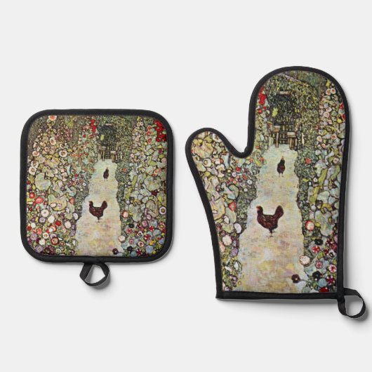 キムトの庭の小道と鶏たち、グスタフ・クリムト、アール・ヌーヴォー 鍋つかみ&鍋敷きセット (正面)