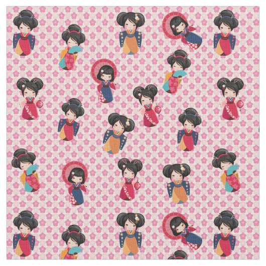 キモノ日本のスの女の子オンピンク桜 ファブリック (クローズアップ)