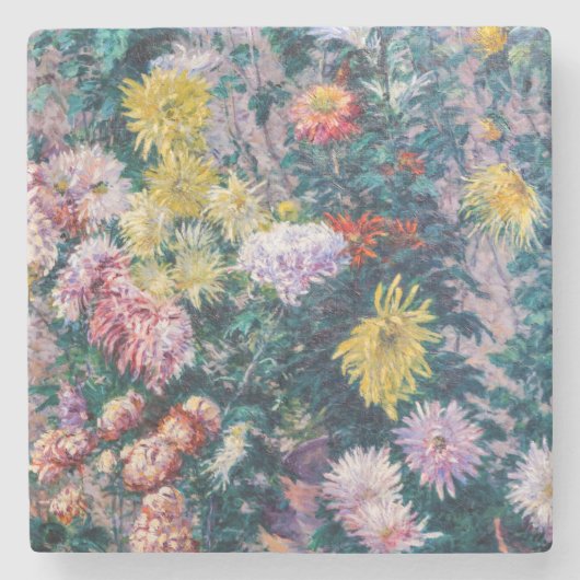 キャイボット - 白と黄色の菊 ストーンコースター (正面)