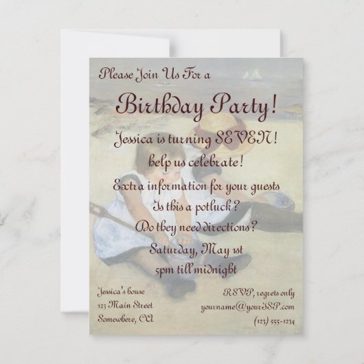 キャサット作のビーチの子供たち、ヴィンテージ誕生日 招待状 (裏面)