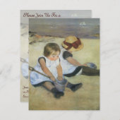 キャサット作のビーチの子供たち、ヴィンテージ誕生日 招待状 (正面/裏面)