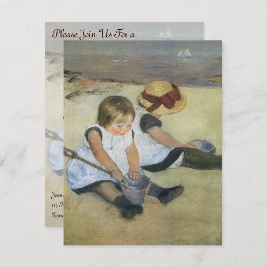 キャサット作のビーチの子供たち、ヴィンテージ誕生日 招待状 (正面/裏面)