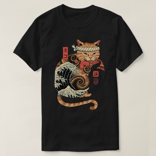 キャタナウェーブ猫タトゥー入れサムライ猫アー日本のト Tシャツ (デザイン正面)