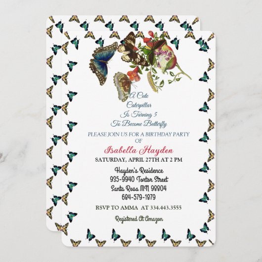 キャタピラーターニングバタフライ誕生日 カラフル 招待状 (正面/裏面)