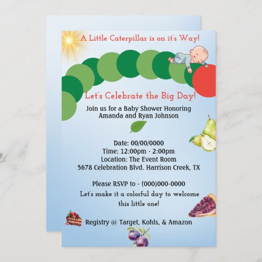 キャタピラーベビーシャワー招待状 招待状 (正面/裏面)