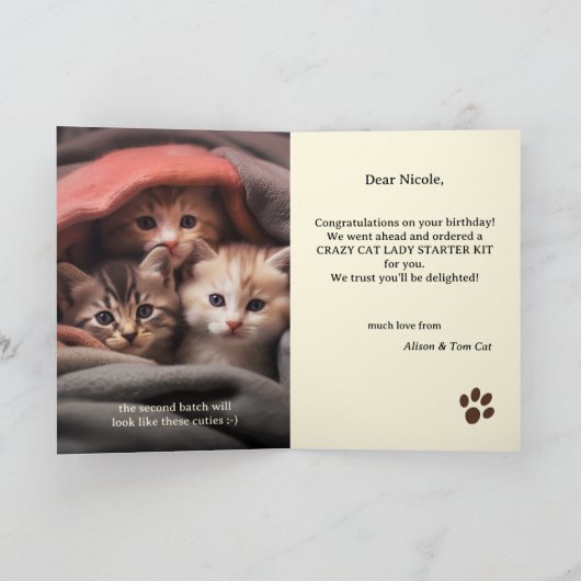 キャッおもしろいク熱狂するレディ誕生日 カード (内部)