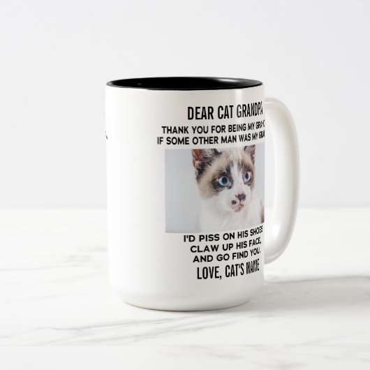 キャッおもしろいク親愛おじいちゃん |カスタム猫の写真と名前 ツートーンマグカップ (正面右)