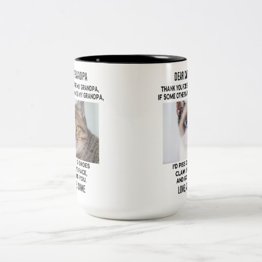 キャッおもしろいク親愛おじいちゃん |カスタム猫の写真と名前 ツートーンマグカップ (中央)