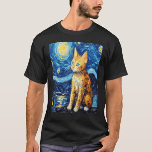 キャッおもしろいトアート絵画の猫好きスターリーナイトキャット Tシャツ