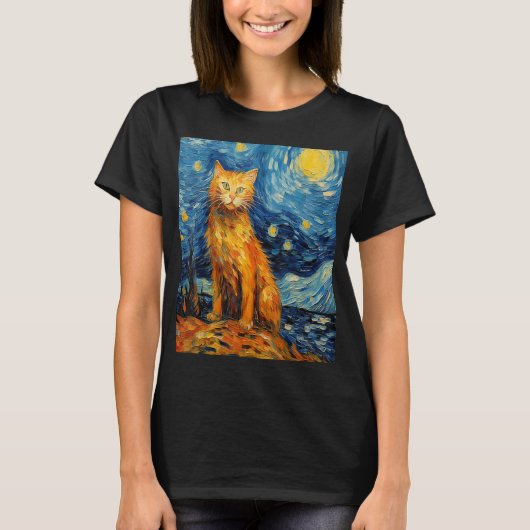 キャッおもしろいトアート絵画の猫好きスターリーナイトキャット Tシャツ (正面)