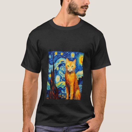 キャッおもしろいトアート絵画の猫好きスターリーナイトキャット Tシャツ (正面)