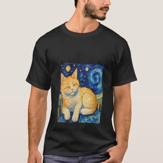 キャッおもしろいトアート絵画の猫好きスターリーナイトキャット Tシャツ (正面)