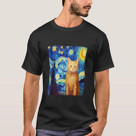 キャッおもしろいトアート絵画の猫好きスターリーナイトキャット Tシャツ (正面)