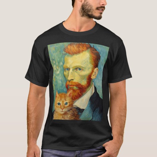 キャッおもしろいトアート絵画の猫好きスターリーナイトキャット Tシャツ (正面)
