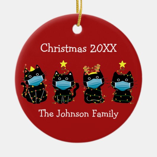 キャッおもしろいトクリスマスコビド顔マスクカスタムスレッド セラミックオーナメント (正面)