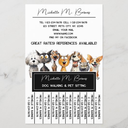 キャッおもしろいトドッグウォーカーシッター白黒ティアオフ チラシ (正面)