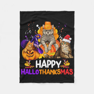 キャッおもしろいトハッピーハロサンクスマスハロウィンサンクスギフ フリースブランケット
