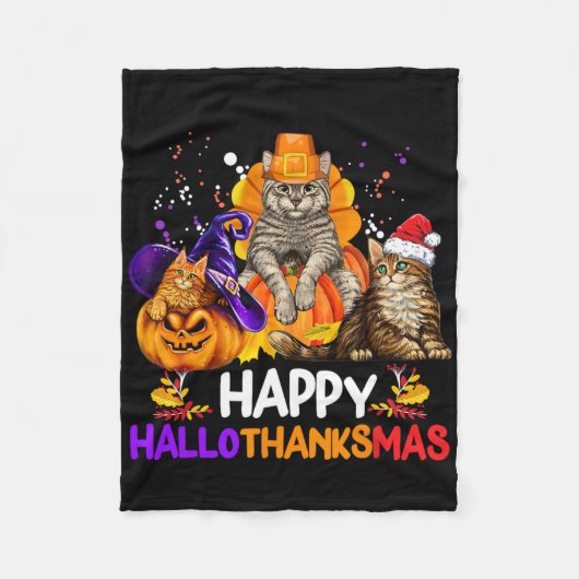 キャッおもしろいトハッピーハロサンクスマスハロウィンサンクスギフ フリースブランケット (正面)