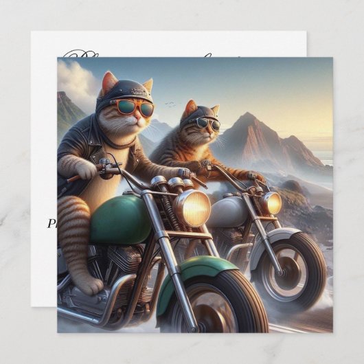 キャッおもしろいトバイクもしくは自転車に乗る人キャットロッカー誕生日 招待状 (正面/裏面)