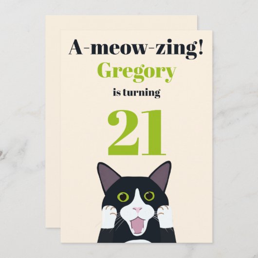 キャッおもしろいトプン21歳の誕生日パーティの招待状 招待状 (正面/裏面)