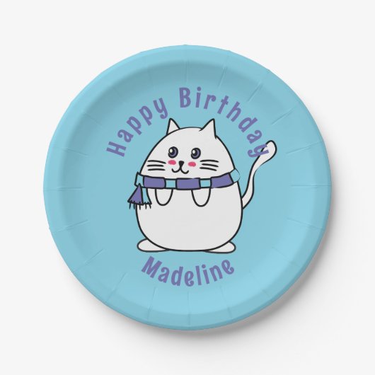キャッおもしろいトマンブルーホワイトパーソナライズされた誕生日 ペーパープレート (正面)