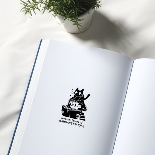 キャッおもしろいト付きガール蔵書票 ラバースタンプ