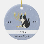 キャッおもしろいト（ユダヤ教）メノラー&ドレディデルハッピーハヌッカブルー セラミックオーナメント (裏面)