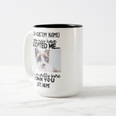 キャッおもしろい親愛トことわざ |カスタム猫の写真と名前 ツートーンマグカップ (正面左)