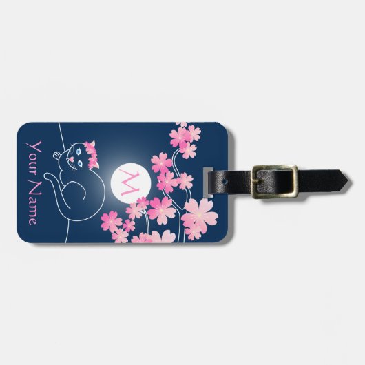 キャッかわいらしトさくらんぼブラウズムーンピンク桜ブルー ラゲッジタグ (正面横)