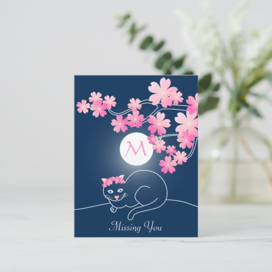 キャッかわいらしトさくらんぼブラッズムーンピンク桜ブルー ポストカード (スタンド正面)