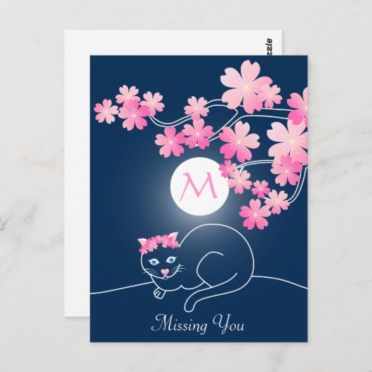 キャッかわいらしトさくらんぼブラッズムーンピンク桜ブルー ポストカード (正面/裏面)