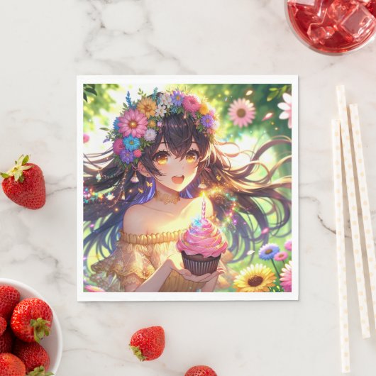 キャッかわいらしプケーキ付きアニメ誕生日 スタンダードランチョンナプキン (インサイチュ)