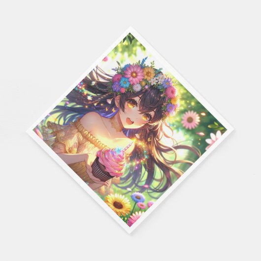 キャッかわいらしプケーキ付きアニメ誕生日 スタンダードランチョンナプキン (角)